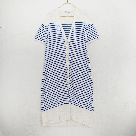 Zara Blue White Stripes Knit Oversized Midi Summer Button Up Dress P1657 - Picture 2 of 11